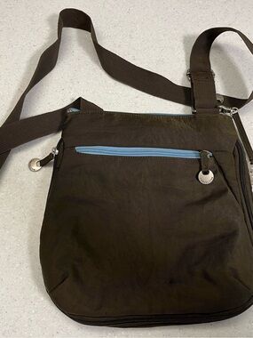 Travelon Brown Crossbody Bag with Light Blue Accents